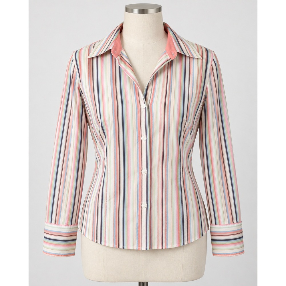 New York & Company Stretch Striped Button Up Shirt XL Pink Blue Orange Multi